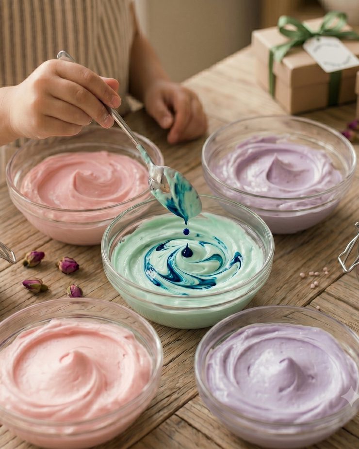 Niños mezclando colores en su propia crema pastelera