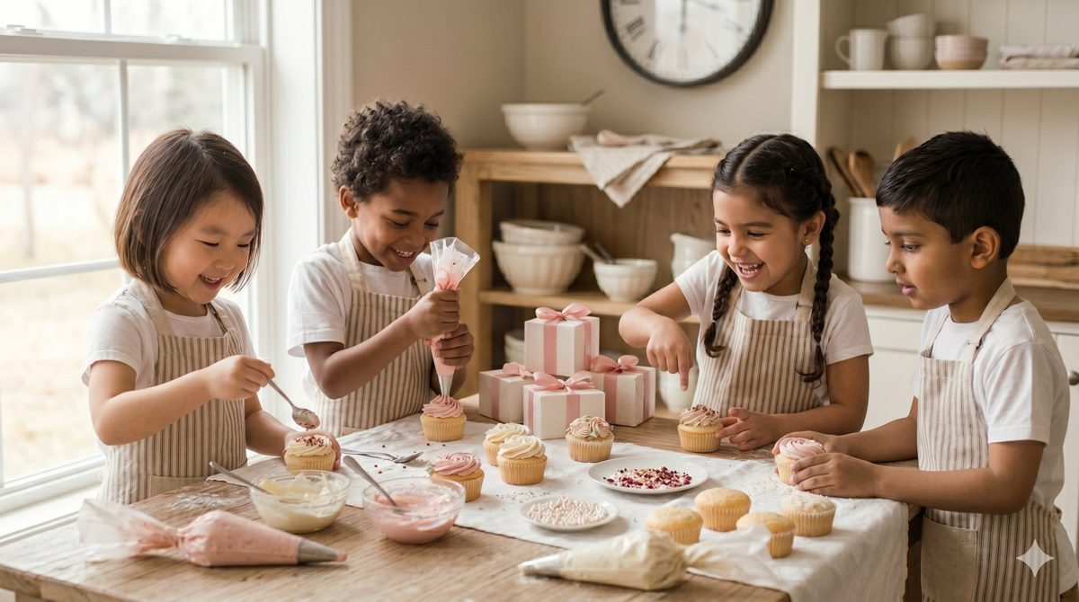 Niños con delantal preparando repostería en el taller de Dulce Vita