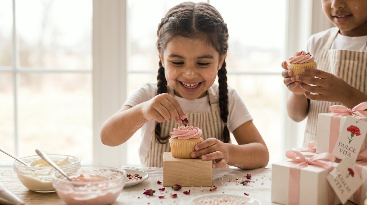 Mesa del taller de repostería preparada con cariño para los niños